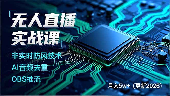 无人直播实战课，非实时防风技术、AI音频去重、OBS推流，建立技术壁垒，月入5w+(更新2026-瀚洪创业网
