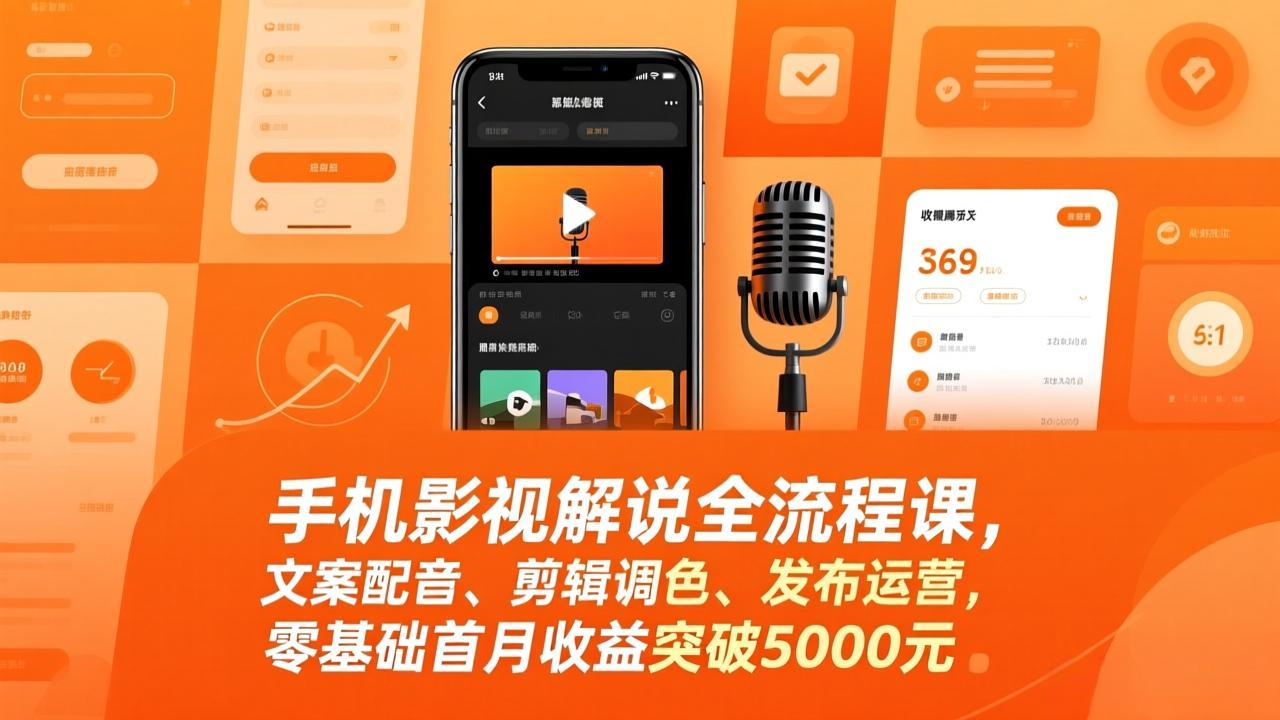 手机影视解说全流程课，文案配音、剪辑调色、发布运营，零基础首月收益突破5000元-瀚洪创业网