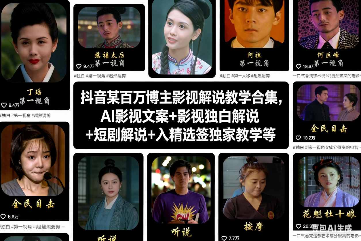 抖音某百万博主影视解说教学合集，AI影视文案+影视独白解说+短剧解说+入精选签独家教学等-瀚洪创业网