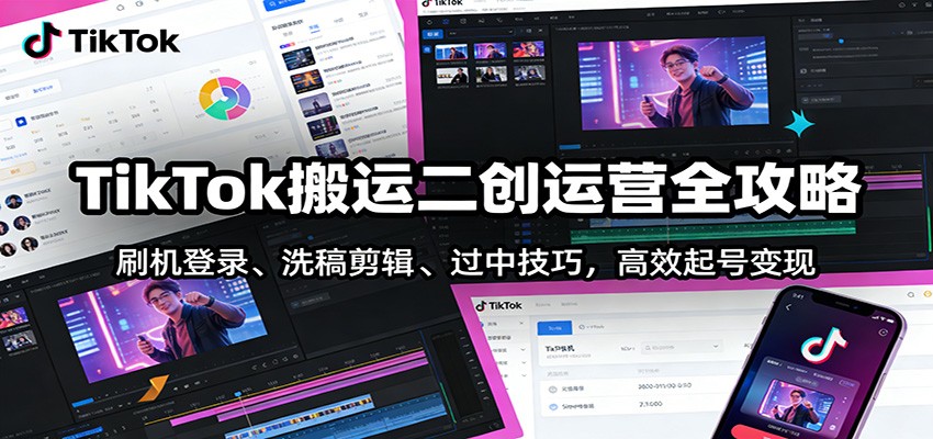 TikTok搬运二创运营全攻略：刷机登录、洗稿剪辑 、过中技巧，高效起号变现-瀚洪创业网