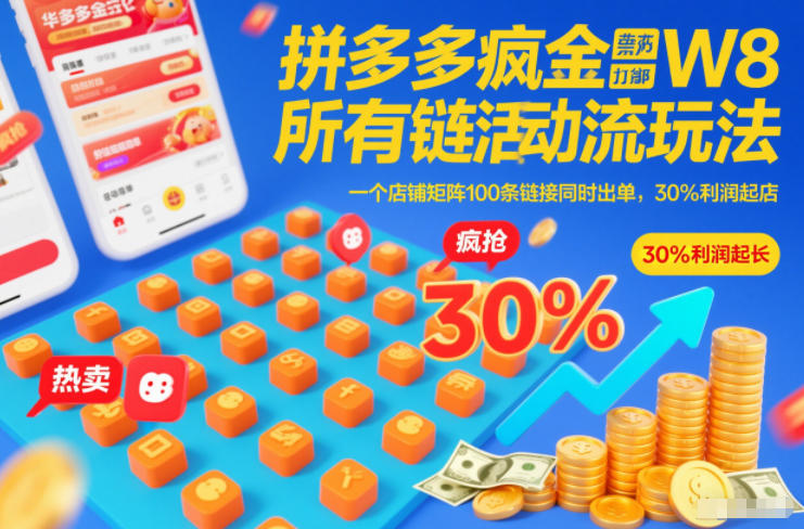 拼多多疯狂活动流玩法，所有链接全部打标，一个店铺矩阵100条链接同时出单，30%利润起店-瀚洪创业网