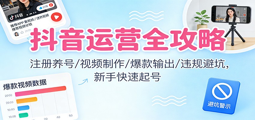 抖音运营全攻略：注册养号/视频制作/爆款输出/违规避坑，新手快速起号-瀚洪创业网
