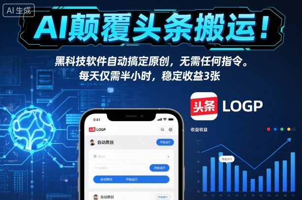 AI颠覆头条搬运！黑科技软件自动搞定原创，无需任何指令。每天仅需半小时，稳定收益3张【揭秘】-瀚洪创业网