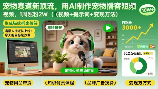 宠物赛道新顶流，用AI制作宠物播客短视频，1周涨粉2W(视频+提示词+变现方法)-瀚洪创业网