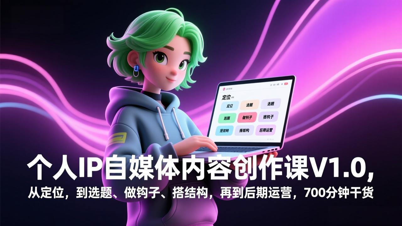 个人IP自媒体内容创作课V1.0，从定位，到选题、做钩子、搭结构，再到后期运营，700分钟干货-瀚洪创业网