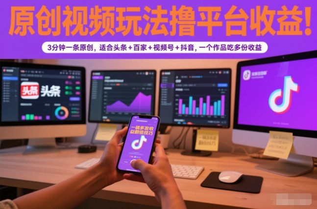 原创视频玩法撸平台收益，3分钟一条原创，适合头条+百家+视频号+抖音，一个作品吃多份收益-瀚洪创业网