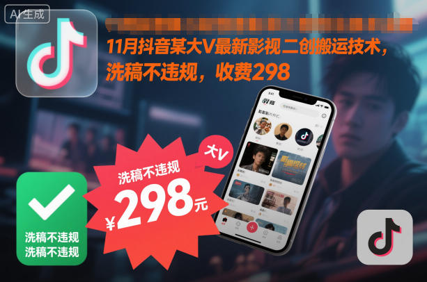 11月抖音某大V最新影视二创搬运技术，洗稿不违规，收费298-瀚洪创业网
