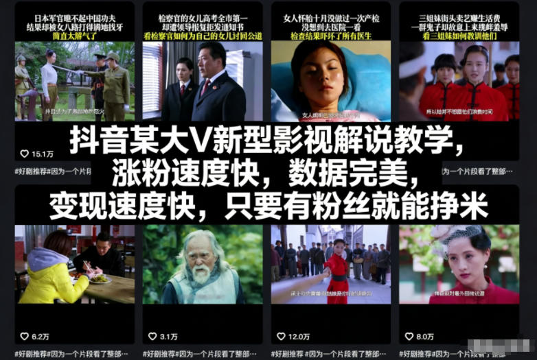 抖音某大V新型影视解说教学，涨粉速度快，数据完美，变现速度快，只要有粉丝就能挣米-瀚洪创业网