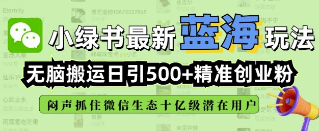小绿书无脑搬运引流，全自动日引500精准创业粉，微信生态内又一个闷声发财的机会-瀚洪创业网