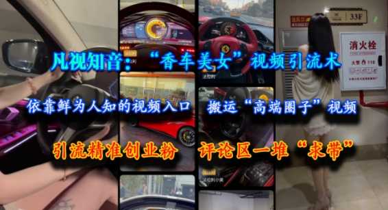 凡视知音:“香车美女”视频引流术,依靠鲜为人知的视频入口,搬运“高端圈子”视频,引流精准创业粉,评论区一堆“求带”-瀚洪创业网