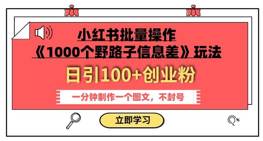小红书批量操作《1000个野路子信息差》玩法，一分钟制作一个图文，不封号，日引100+创业粉-瀚洪创业网
