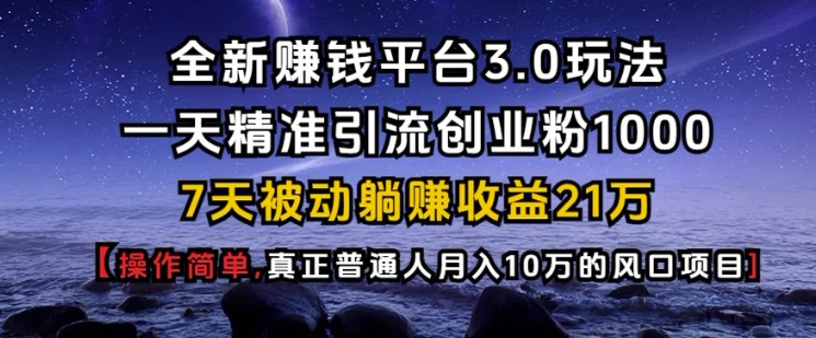 全新赚钱平台3.0玩法一天精准引流创业粉1000.7天被动躺Z收益21W【仅揭秘】-瀚洪创业网