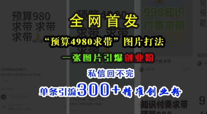 小红书“预算4980带我飞”图片打法，一张图片引爆创业粉，私信回不完，单条引流300+精准创业粉-瀚洪创业网