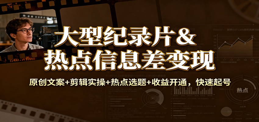 大型纪录片&热点信息差变现：原创文案+剪辑实操+热点选题+收益开通，快速起号-瀚洪创业网