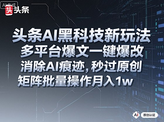 头条AI黑科技新玩法，多平台爆文一键爆改，消除AI痕迹，秒过原创，矩阵批量操作月入1w+【揭秘】-瀚洪创业网