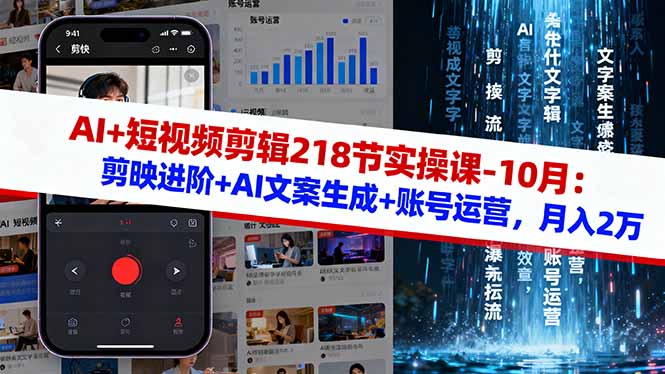 AI+短视频剪辑218节实操课-10月：剪映进阶+AI文案生成+账号运营，月入2万-瀚洪创业网