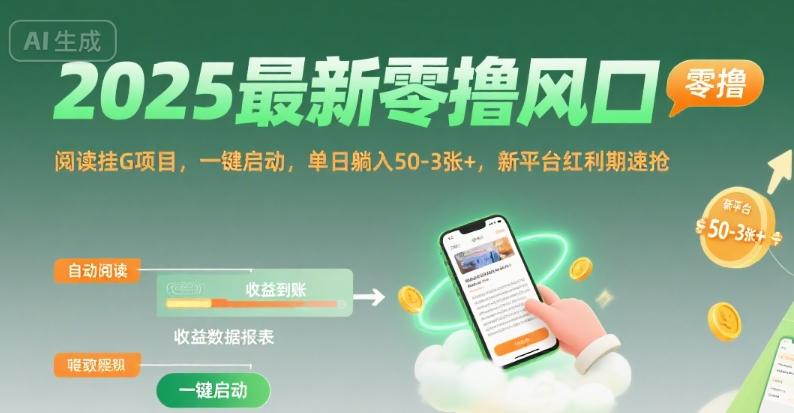 2025最新零撸风口，阅读挂G项目，一键启动，单日躺入 50-3张+，新平台红利期速抢【揭秘】-瀚洪创业网