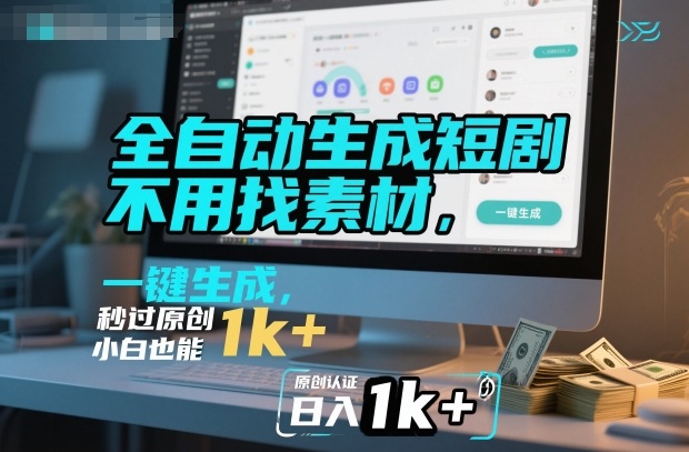 全自动生成短剧，不用找素材，不用剪辑，一键生成，秒过原创，小白也能轻松日入1k+【揭秘】-瀚洪创业网
