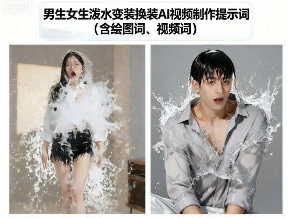男生女生泼水变装换装AI视频制作提示词(含绘图词、视频词)-瀚洪创业网