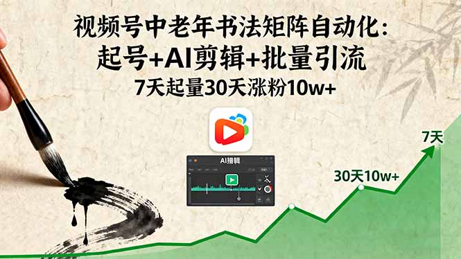视频号中老年书法矩阵自动化：起号+AI剪辑+批量引流 7天起量30天涨粉10w+-瀚洪创业网