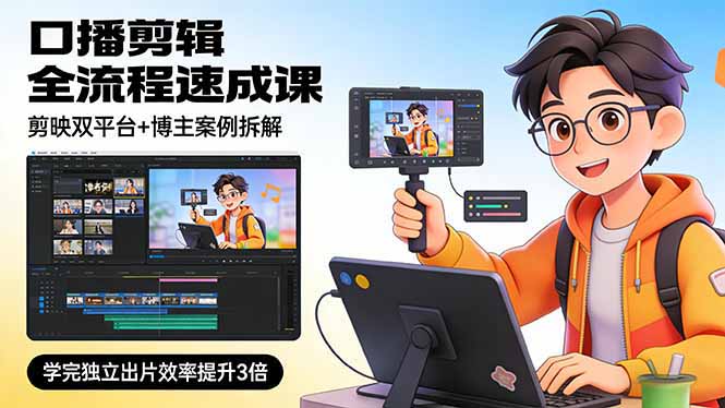 口播剪辑全流程速成课，剪映双平台+博主案例拆解，学完独立出片效率提升3倍-瀚洪创业网