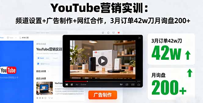 YouTube营销实训：频道设置+广告制作+网红合作，3月订单42w刀月询盘200+-瀚洪创业网