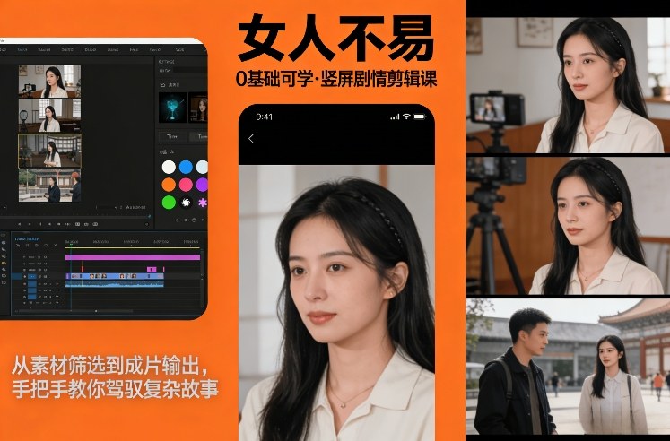 0基础可学！《女人不易》竖屏剧情剪辑课，从素材筛选到成片输出，手把手教你驾驭复杂故事-瀚洪创业网