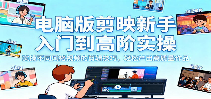 电脑版剪映新手入门到高阶实操，实操不同风格视频的剪辑技巧，轻松产出高质量作品-瀚洪创业网