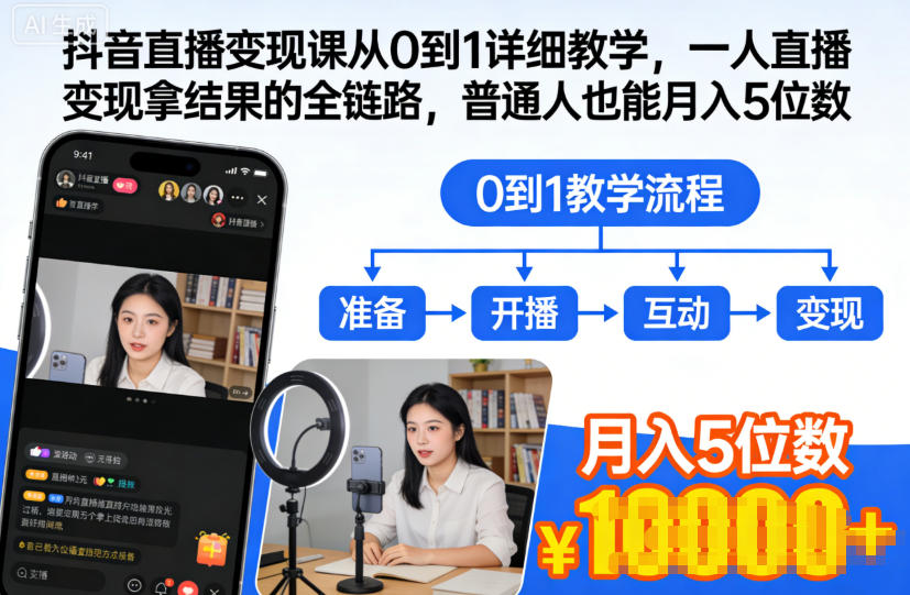 抖音直播变现课从0到1详细教学，一人直播变现拿结果的全链路，普通人也能月入5位数-瀚洪创业网