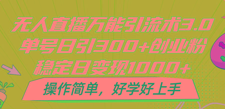 无人直播万能引流术3.0，单号日引300+创业粉，稳定日变现1000+，操作简单-瀚洪创业网