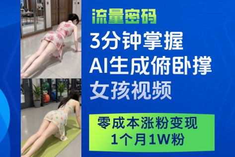 3分钟掌握AI生成俯卧撑女孩视频，零成本涨粉变现，1个月1W粉-瀚洪创业网