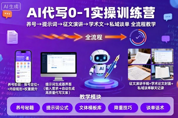 AI代写0-1实操训练营，从养号、提示词、征文演讲、学术文，到私域谈单的全流程教学-瀚洪创业网