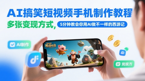 AI搞笑短视频手机制作教程，多张变现方式，5分钟教会你用AI做不一样的西游记-瀚洪创业网