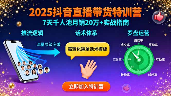 2025抖音直播带货特训：推流逻辑、话术体系、罗盘运营,7天千人池月销20万+-瀚洪创业网