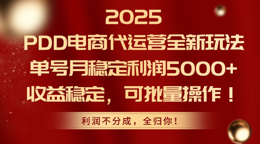 2025PDD电商代运营全新玩法，单号月稳定利润5000+，收益稳定，可批量操作-瀚洪创业网