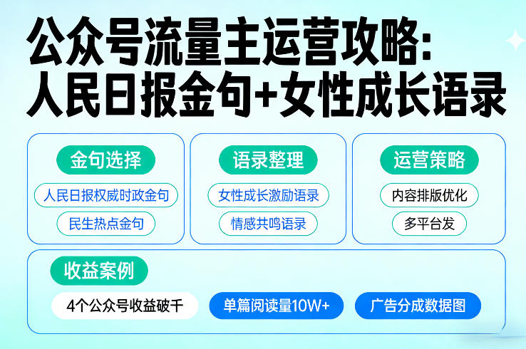 利用人民日报金句+女性成长语录做公众号流量主，4个公众号收益破千-瀚洪创业网