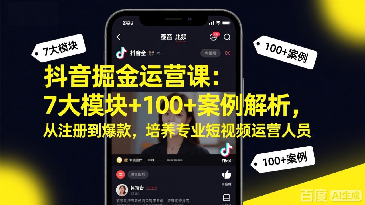 抖音掘金运营课：7大模块+100+案例解析，从注册到爆款，培养专业短视频运营人员-瀚洪创业网