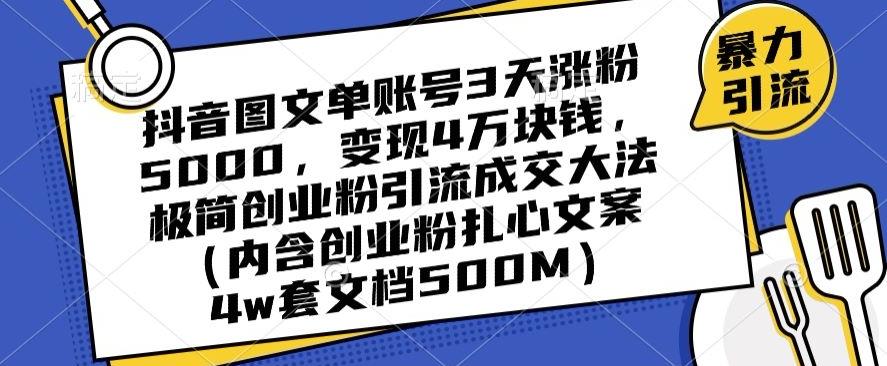 抖音图文单账号3天涨粉5000，变现4万块钱，极简创业粉引流成交大法-瀚洪创业网