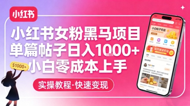 小红书女粉黑马项目，单篇帖子日入1k+，小白零成本上手-瀚洪创业网