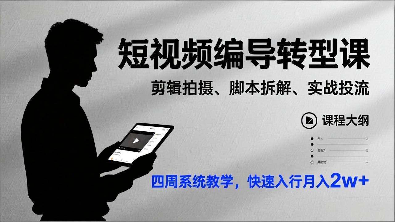 短视频编导转型课，剪辑拍摄、脚本拆解、实战投流，四周系统教学，快速入行月入2w+-瀚洪创业网