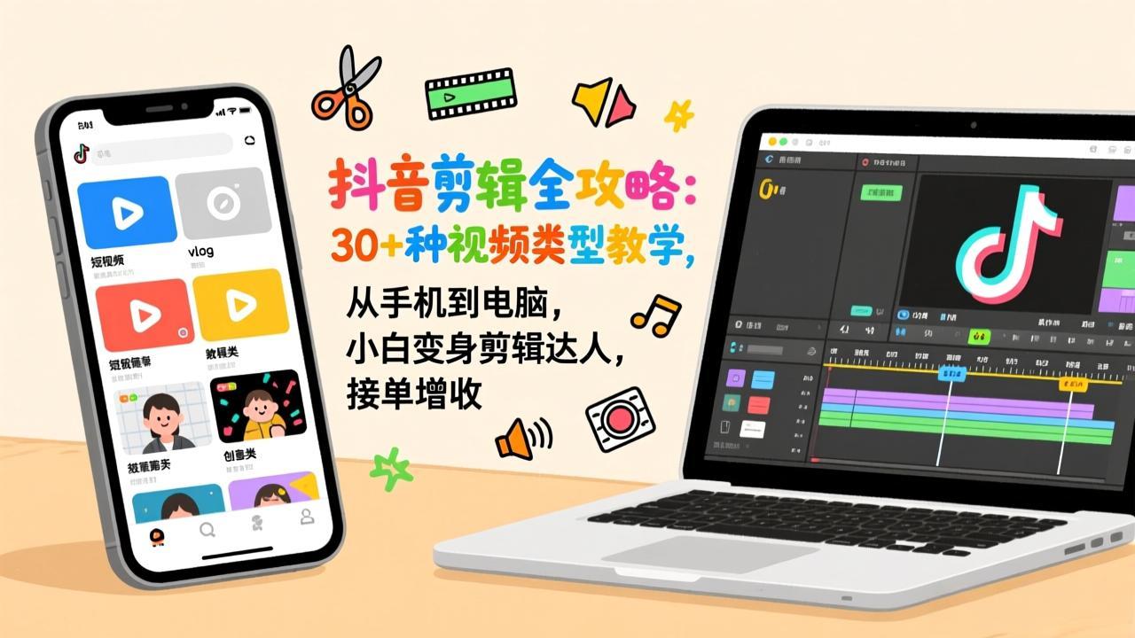 抖音剪辑全攻略：30+种视频类型教学，从手机到电脑，小白变身剪辑达人，接单增收-瀚洪创业网