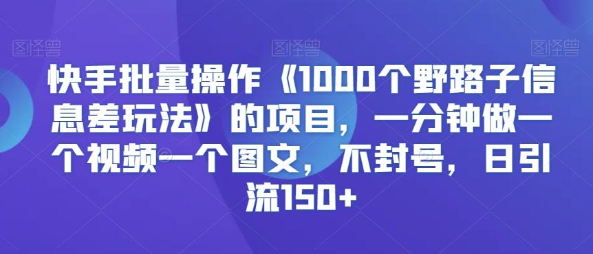 快手批量操作《1000个野路子信息差玩法》的项目，一分钟做一个视频一个图文，不封号，日引流150+【揭秘】-瀚洪创业网