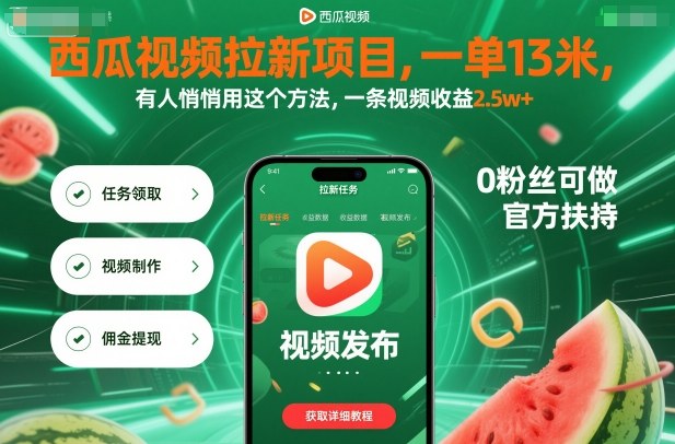 西瓜视频拉新项目，一单13米，有人悄悄用这个方法，一条视频收益2.5w+(附详细教程)-瀚洪创业网