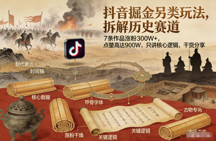 抖音掘金另类玩法，拆解历史赛道，7条作品涨粉300W+，点赞量高达900W，只讲核心逻辑，干货分享-瀚洪创业网