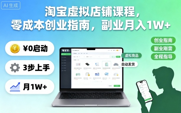 淘宝虚拟店铺课程，零成本创业指南，副业月入1W+-瀚洪创业网