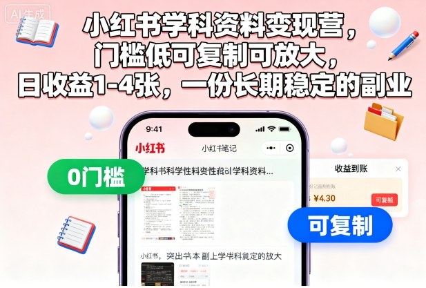 小红书学科资料变现营，门槛低可复制可放大，日收益1-4张，一份长期稳定的副业-瀚洪创业网