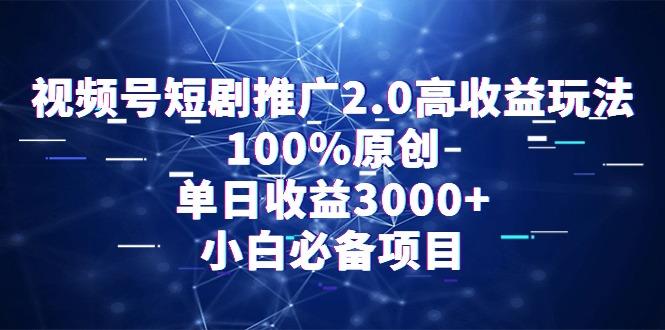 视频号短剧推广2.0高收益玩法，100%原创，单日收益3000+，小白必备项目-瀚洪创业网