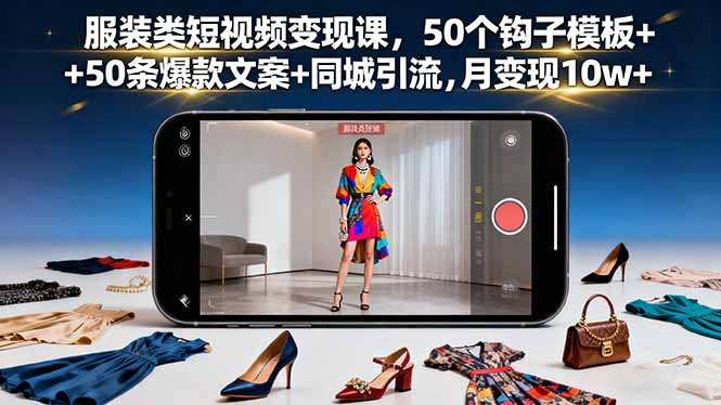 服装类短视频变现课，50个钩子模板+50条爆款文案+同城引流，月变现10w+-瀚洪创业网