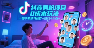 抖音男粉项目0成本玩法，一部手机即可操作，日均4张+，时间自由-瀚洪创业网