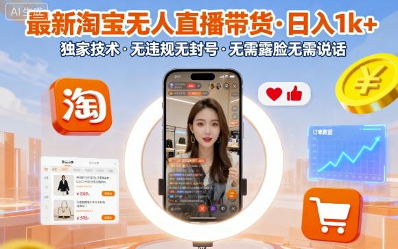 最新淘宝无人直播带货，日入1k+，独家技术，无违规无封号，无需露脸无需说话【揭秘】-瀚洪创业网